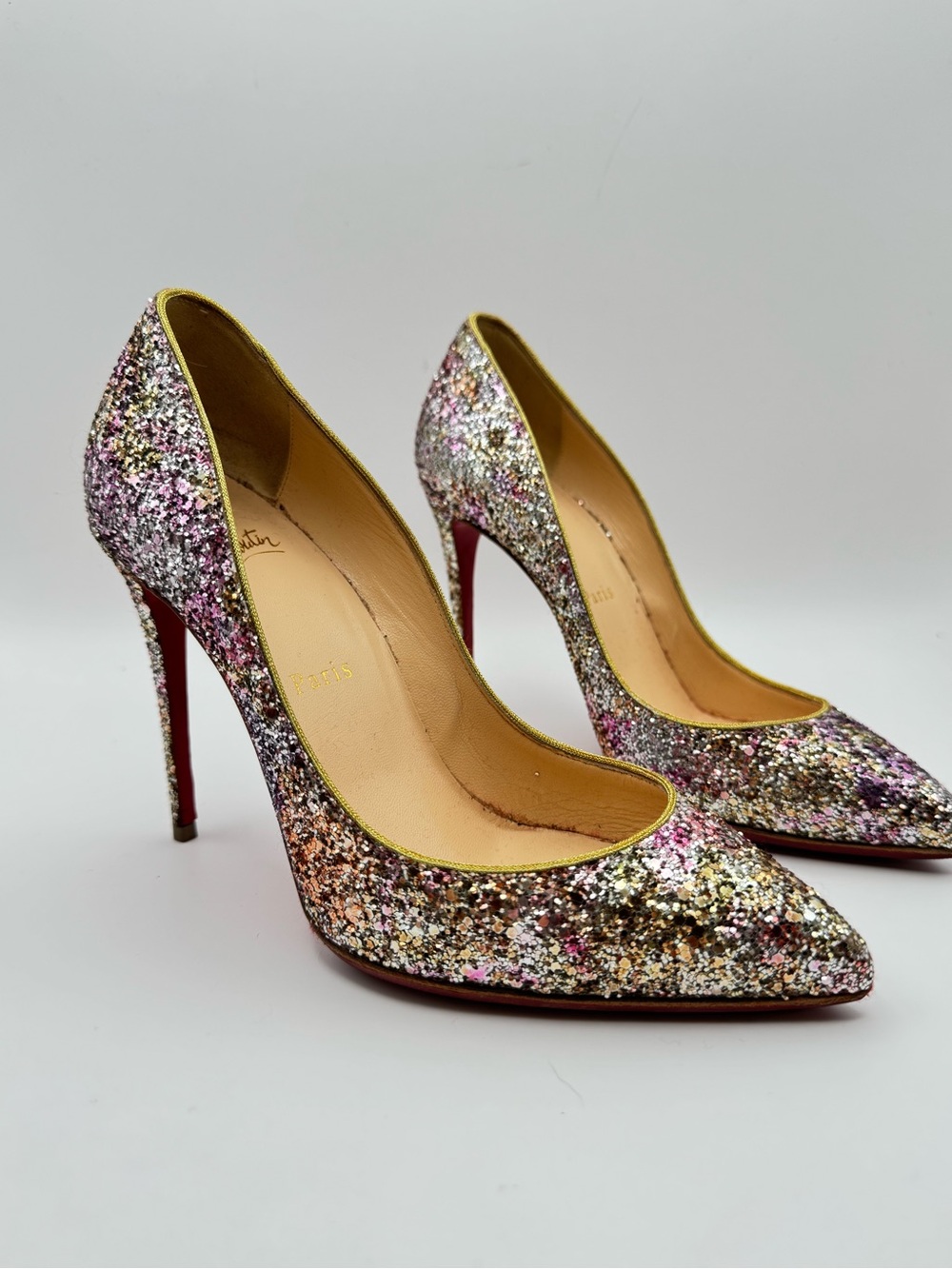 Christian Louboutin Pigalle Follies 100 Glitter Pumps Rosette Gold EU 36.5 - Picture 2 of 9
